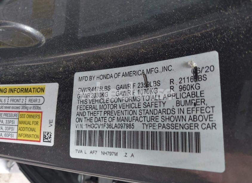 Photo 9 of 2020 Honda Accord SPORT (VIN 1HGCV1F36LA097985)