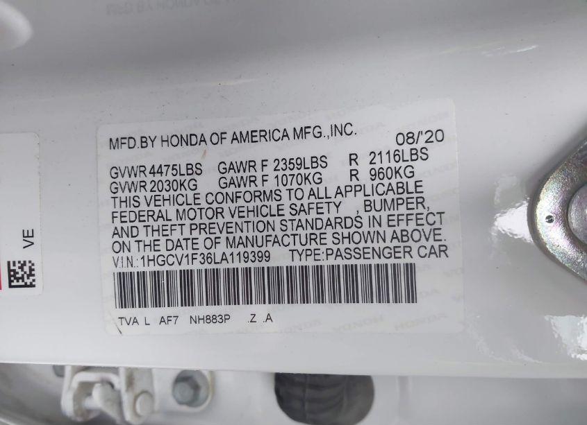 Photo 9 of 2020 Honda Accord SPORT (VIN 1HGCV1F36LA119399)