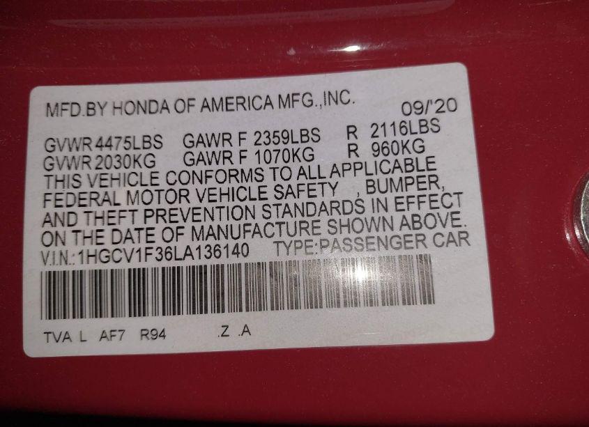 Photo 9 of 2020 Honda Accord SPORT (VIN 1HGCV1F36LA136140)