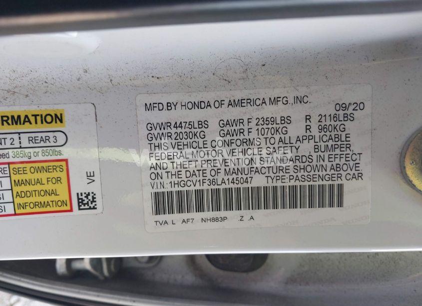 Photo 9 of 2020 Honda Accord SPORT (VIN 1HGCV1F36LA145047)