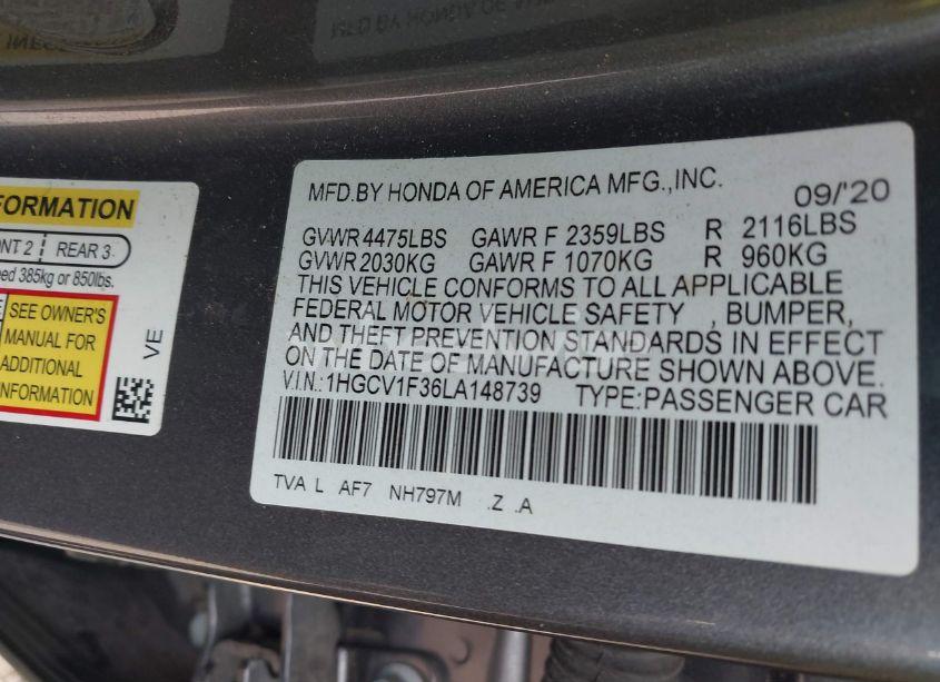 Photo 9 of 2020 Honda Accord SPORT (VIN 1HGCV1F36LA148739)