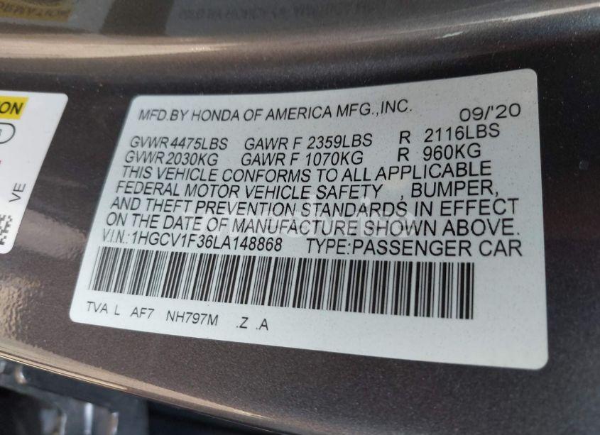 Photo 9 of 2020 Honda Accord SPORT (VIN 1HGCV1F36LA148868)