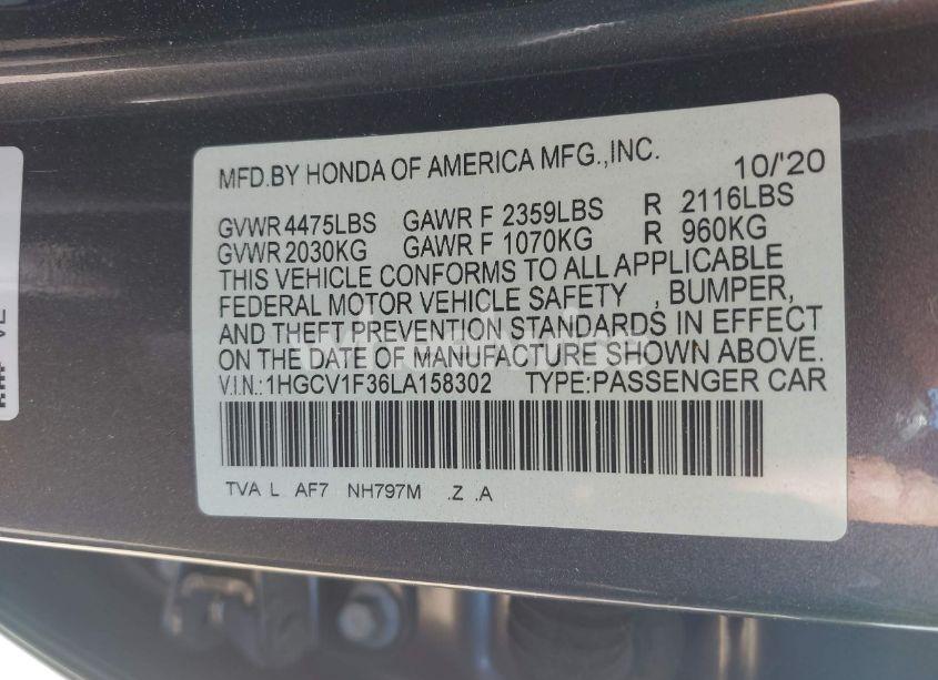 Photo 9 of 2020 Honda Accord SPORT (VIN 1HGCV1F36LA158302)