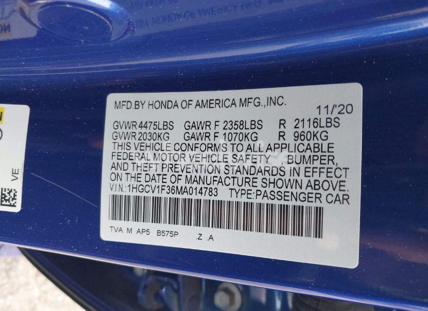 Photo 9 of 2021 Honda Accord SPORT (VIN 1HGCV1F36MA014783)