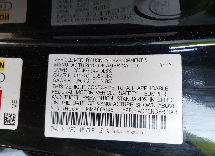 Photo 9 of 2021 Honda Accord SPORT (VIN 1HGCV1F36MA066446)