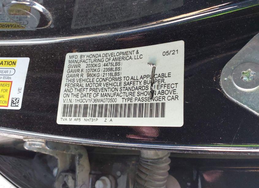 Photo 9 of 2021 Honda Accord SPORT (VIN 1HGCV1F36MA070500)