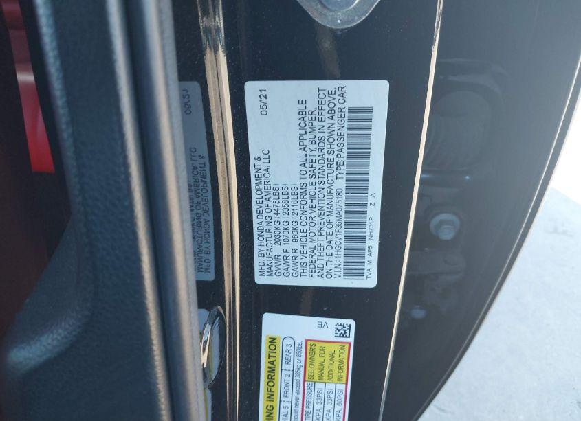 Photo 9 of 2021 Honda Accord SPORT (VIN 1HGCV1F36MA075180)