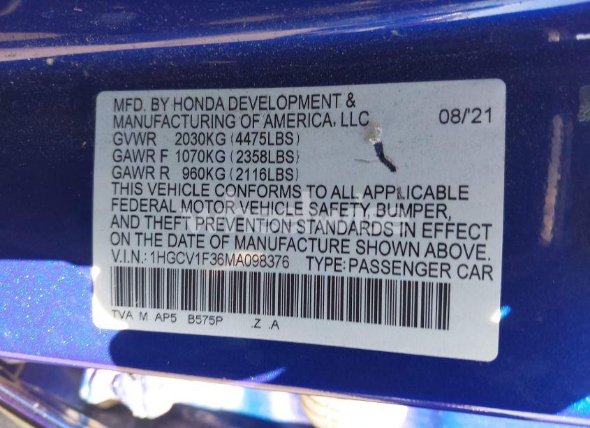 Photo 9 of 2021 Honda Accord SPORT (VIN 1HGCV1F36MA098376)