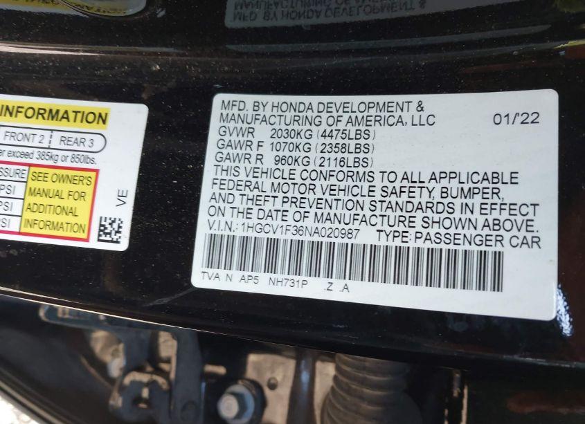 Photo 9 of 2022 Honda Accord SPORT (VIN 1HGCV1F36NA020987)