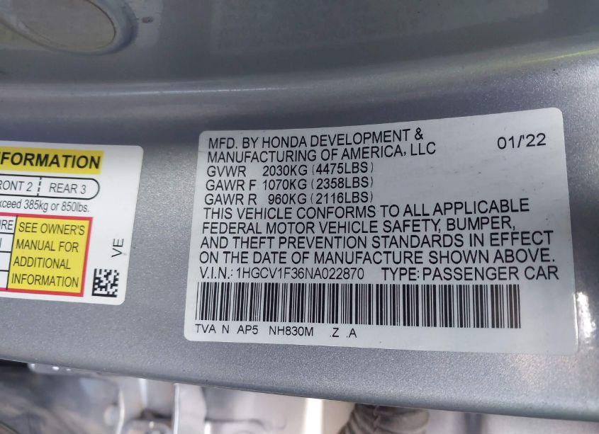 Photo 9 of 2022 Honda Accord SPORT (VIN 1HGCV1F36NA022870)
