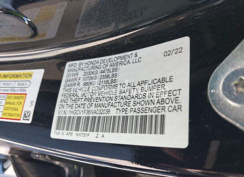 Photo 9 of 2022 Honda Accord SPORT (VIN 1HGCV1F36NA032038)