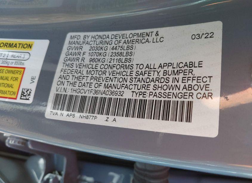 Photo 9 of 2022 Honda Accord SPORT (VIN 1HGCV1F36NA036932)