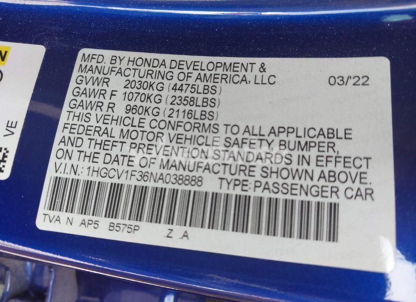 Photo 9 of 2022 Honda Accord SPORT (VIN 1HGCV1F36NA038888)