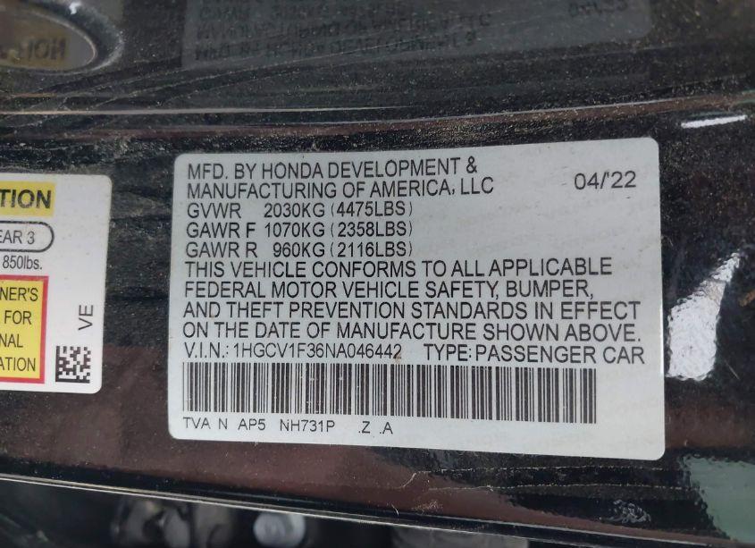 Photo 9 of 2022 Honda Accord SPORT (VIN 1HGCV1F36NA046442)