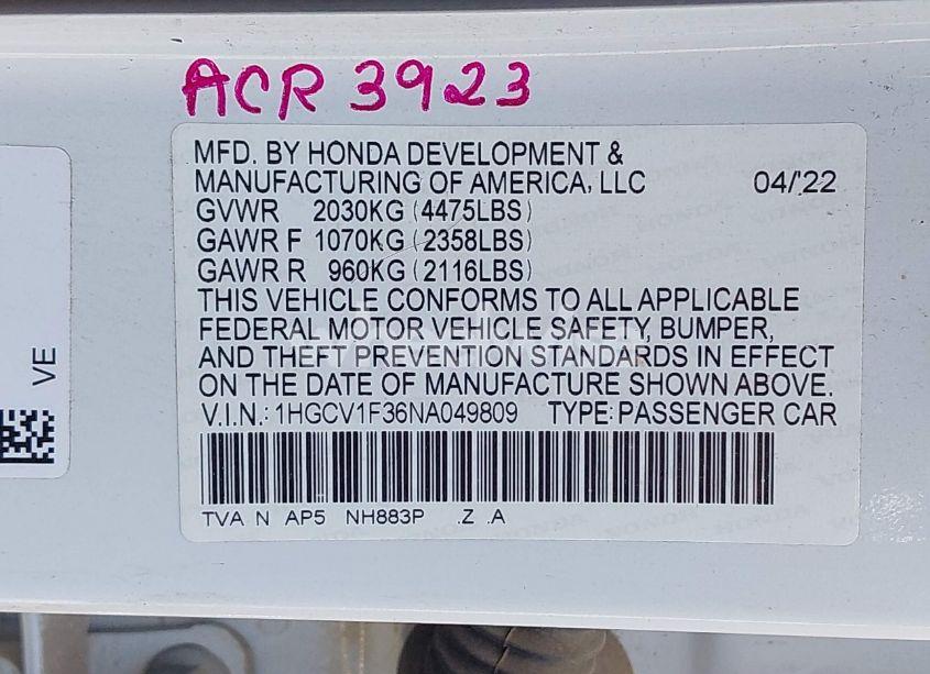 Photo 9 of 2022 Honda Accord SPORT (VIN 1HGCV1F36NA049809)