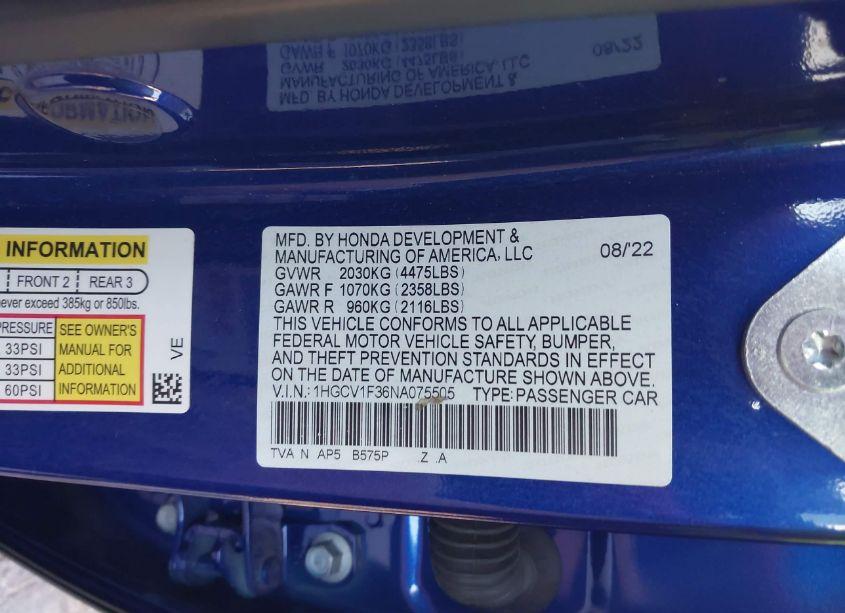 Photo 9 of 2022 Honda Accord SPORT (VIN 1HGCV1F36NA075505)