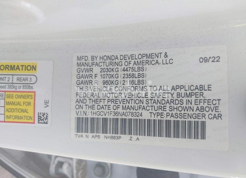 Photo 9 of 2022 Honda Accord SPORT (VIN 1HGCV1F36NA078324)