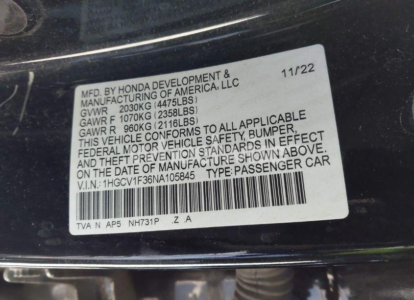 Photo 9 of 2022 Honda Accord SPORT (VIN 1HGCV1F36NA105845)