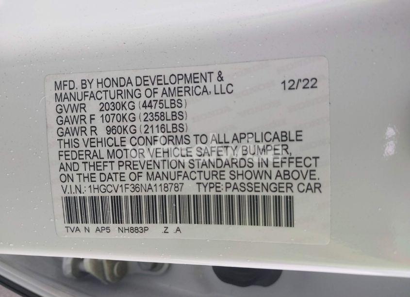 Photo 9 of 2022 Honda Accord SPORT (VIN 1HGCV1F36NA118787)