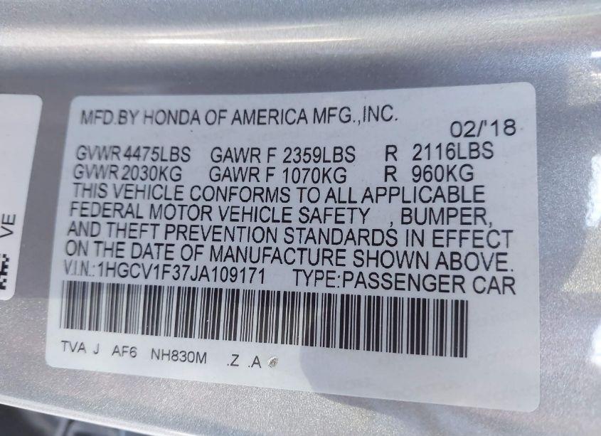 Photo 9 of 2018 Honda Accord SPORT (VIN 1HGCV1F37JA109171)