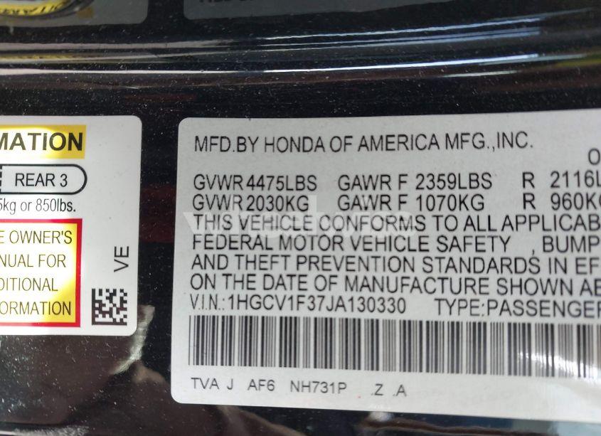 Photo 9 of 2018 Honda Accord SPORT (VIN 1HGCV1F37JA130330)