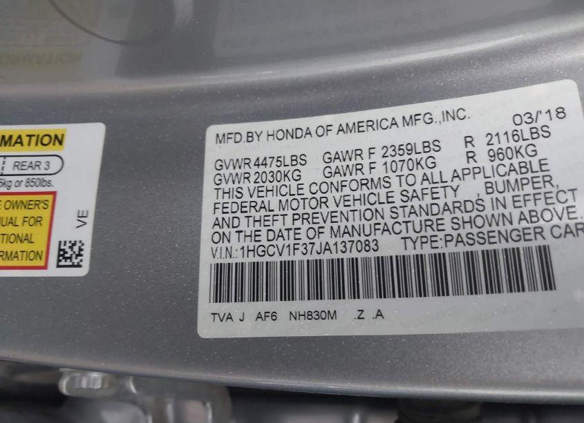 Photo 9 of 2018 Honda Accord SPORT (VIN 1HGCV1F37JA137083)