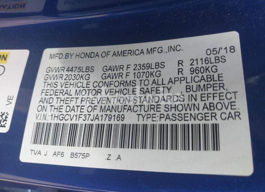 Photo 9 of 2018 Honda Accord SPORT (VIN 1HGCV1F37JA179169)