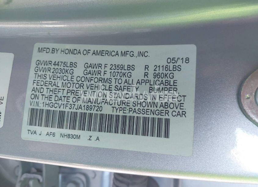 Photo 9 of 2018 Honda Accord SPORT (VIN 1HGCV1F37JA189720)