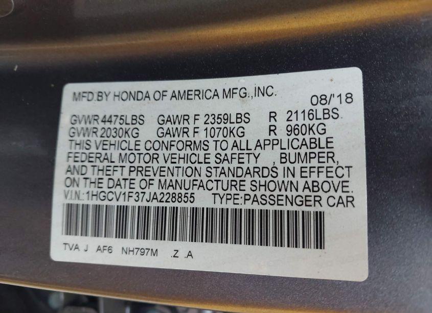 Photo 9 of 2018 Honda Accord SPORT (VIN 1HGCV1F37JA228855)