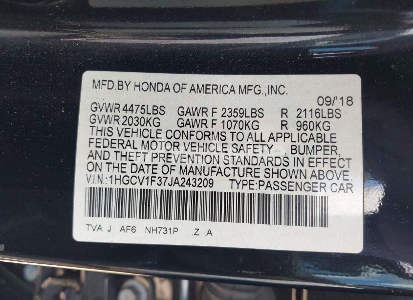 Photo 9 of 2018 Honda Accord SPORT (VIN 1HGCV1F37JA243209)