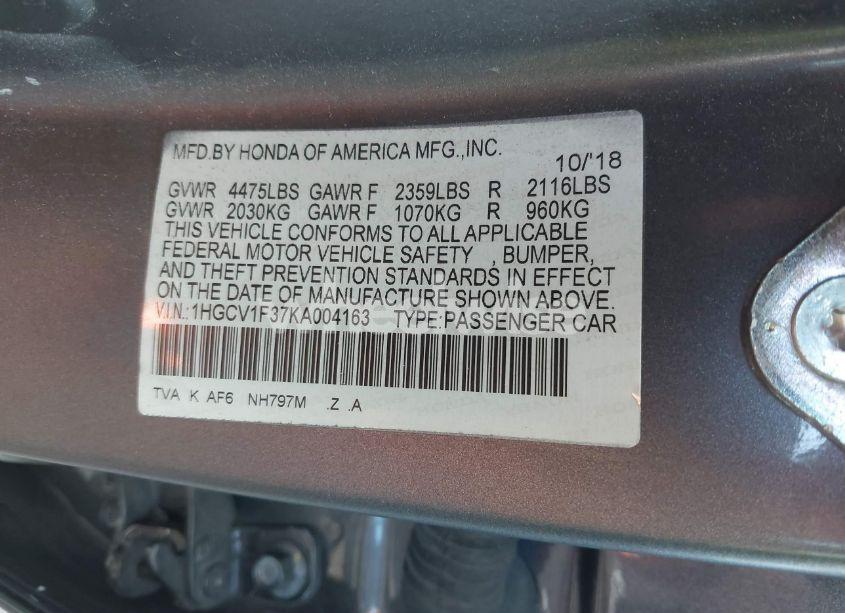 Photo 9 of 2019 Honda Accord SPORT (VIN 1HGCV1F37KA004163)