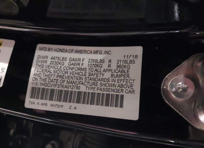 Photo 9 of 2019 Honda Accord SPORT (VIN 1HGCV1F37KA012750)