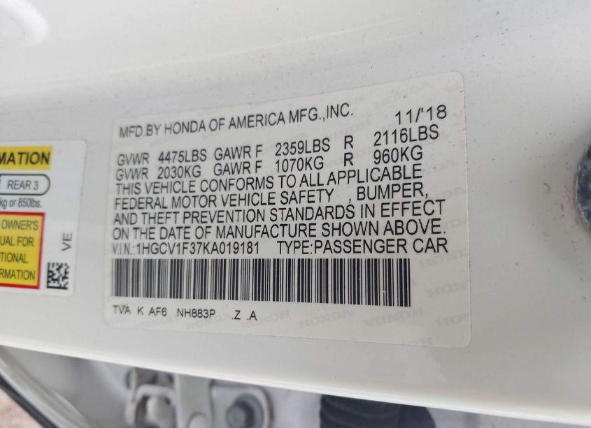Photo 9 of 2019 Honda Accord SPORT (VIN 1HGCV1F37KA019181)