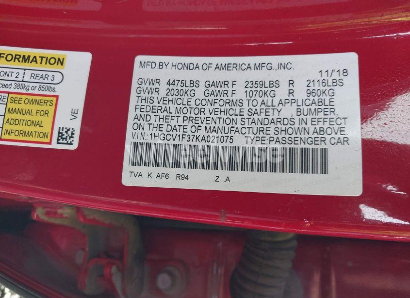 Photo 9 of 2019 Honda Accord SPORT (VIN 1HGCV1F37KA021075)