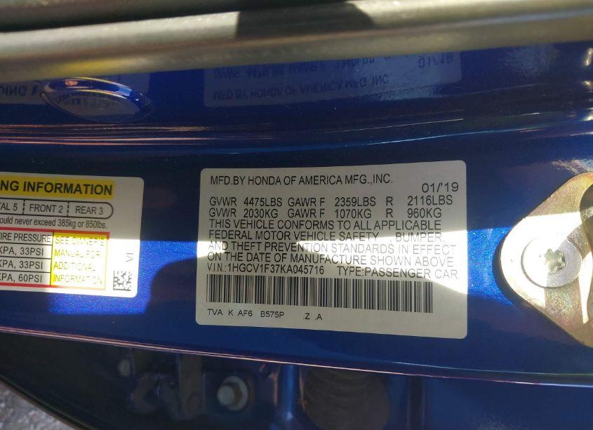 Photo 9 of 2019 Honda Accord SPORT (VIN 1HGCV1F37KA045716)