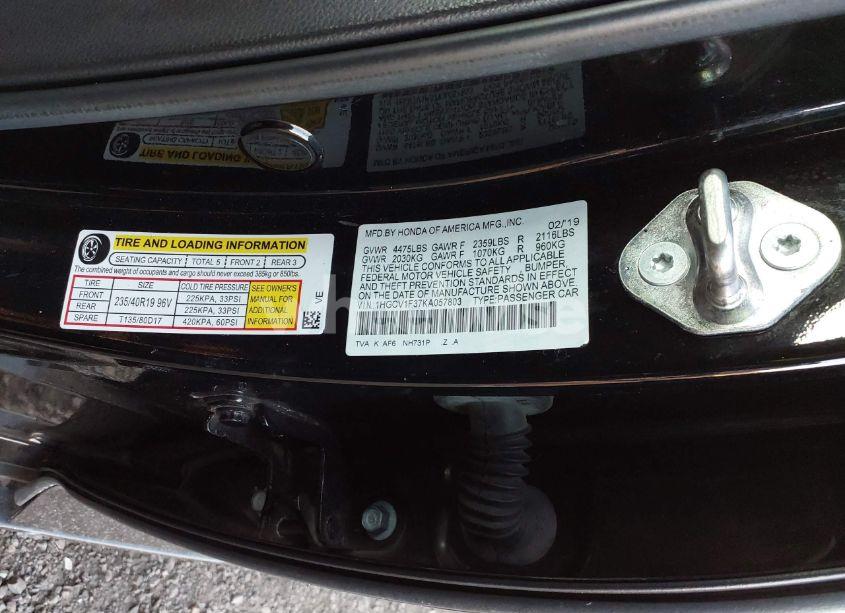 Photo 9 of 2019 Honda Accord SPORT (VIN 1HGCV1F37KA057803)