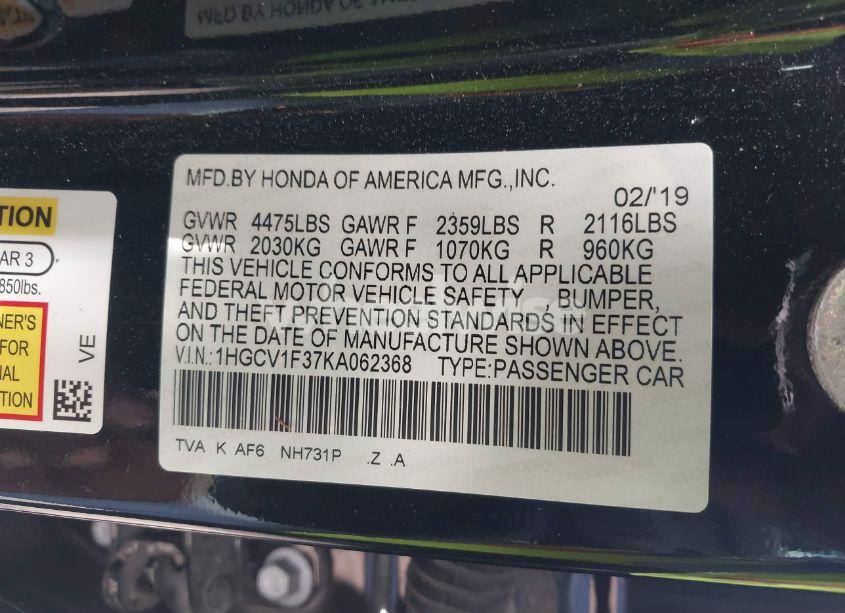 Photo 9 of 2019 Honda Accord SPORT (VIN 1HGCV1F37KA062368)