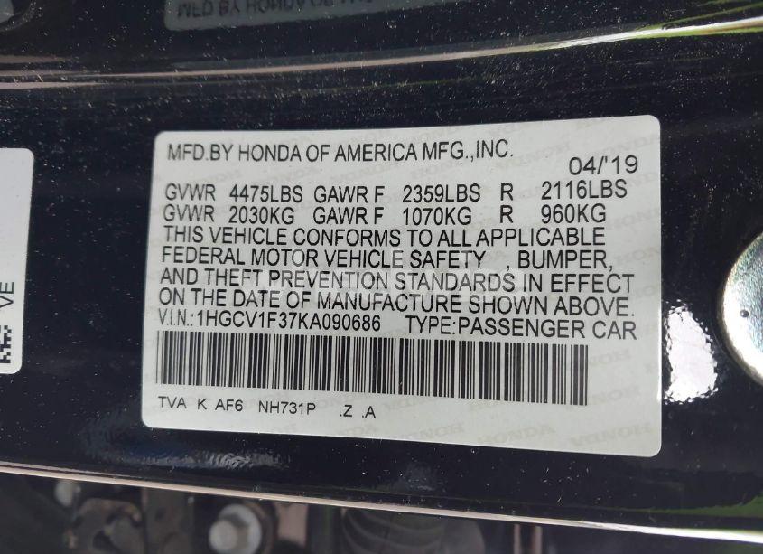 Photo 9 of 2019 Honda Accord SPORT (VIN 1HGCV1F37KA090686)