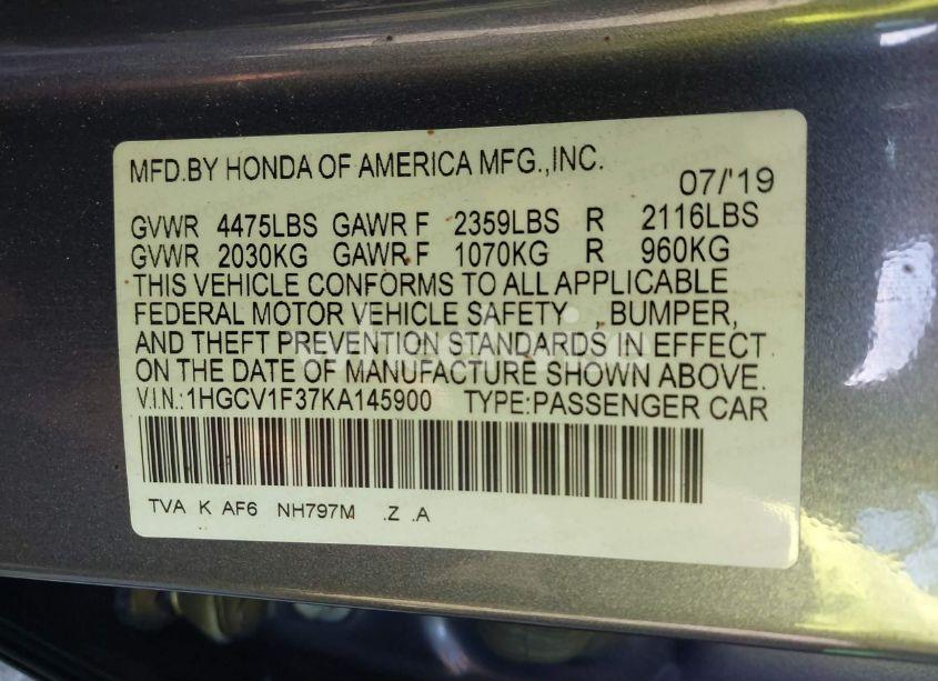 Photo 9 of 2019 Honda Accord SPORT (VIN 1HGCV1F37KA145900)