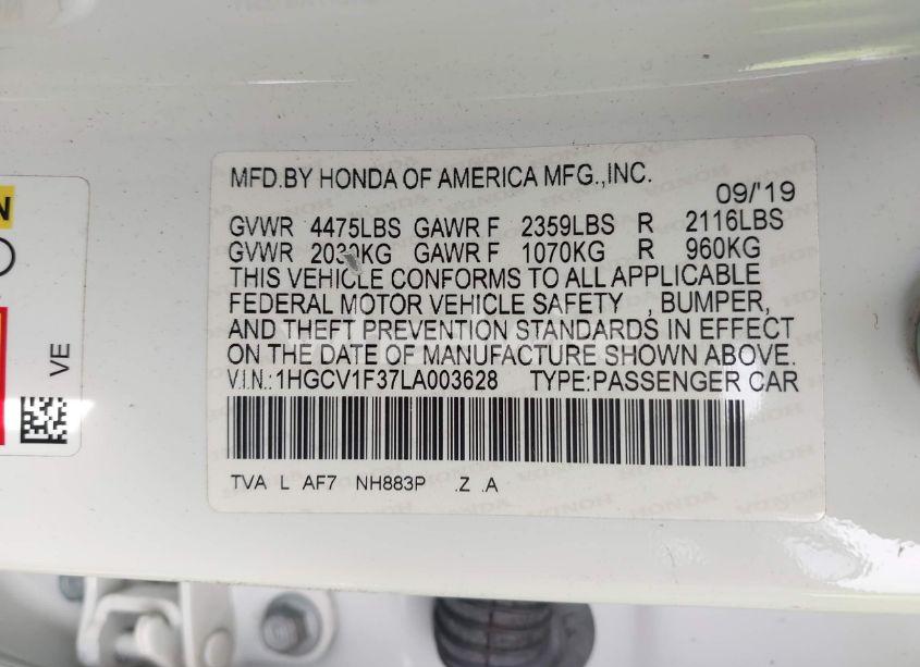 Photo 9 of 2020 Honda Accord SPORT (VIN 1HGCV1F37LA003628)