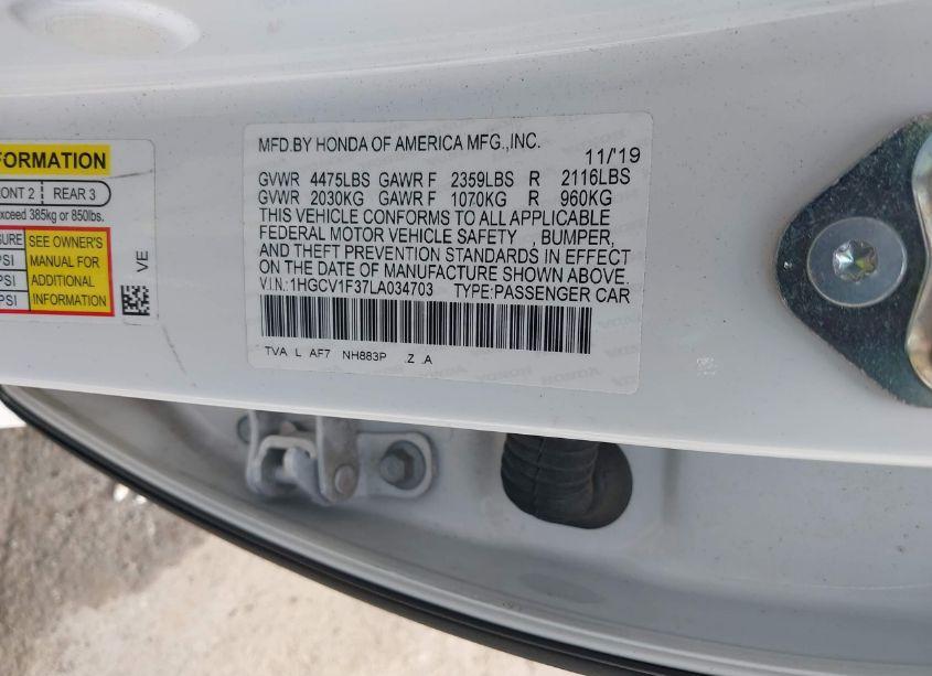 Photo 9 of 2020 Honda Accord SPORT (VIN 1HGCV1F37LA034703)