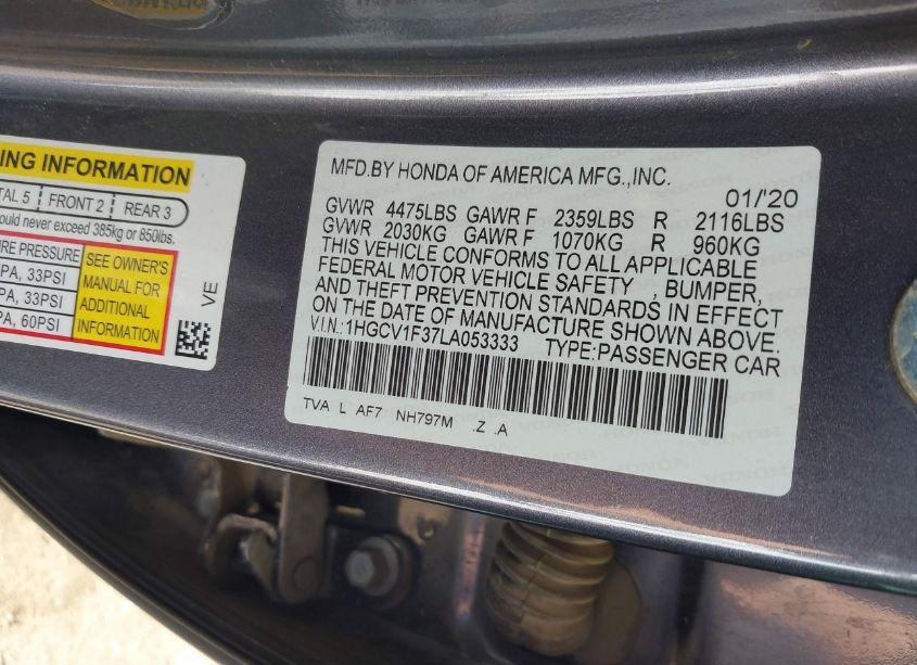 Photo 9 of 2020 Honda Accord SPORT (VIN 1HGCV1F37LA053333)