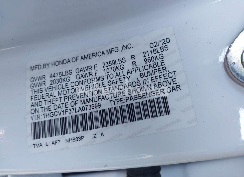 Photo 9 of 2020 Honda Accord SPORT (VIN 1HGCV1F37LA073999)