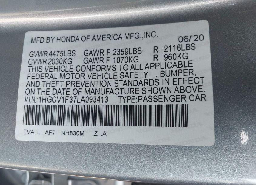Photo 9 of 2020 Honda Accord SPORT (VIN 1HGCV1F37LA093413)