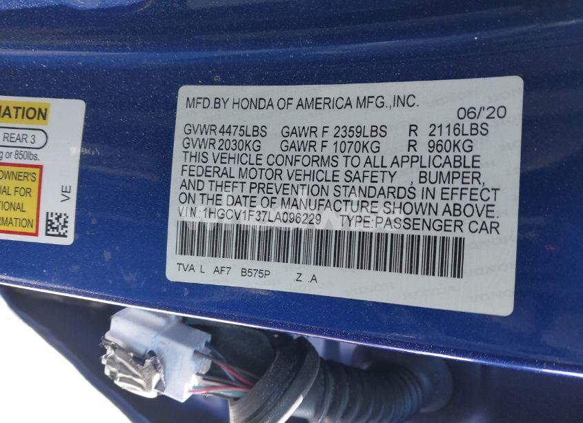 Photo 9 of 2020 Honda Accord SPORT (VIN 1HGCV1F37LA096229)