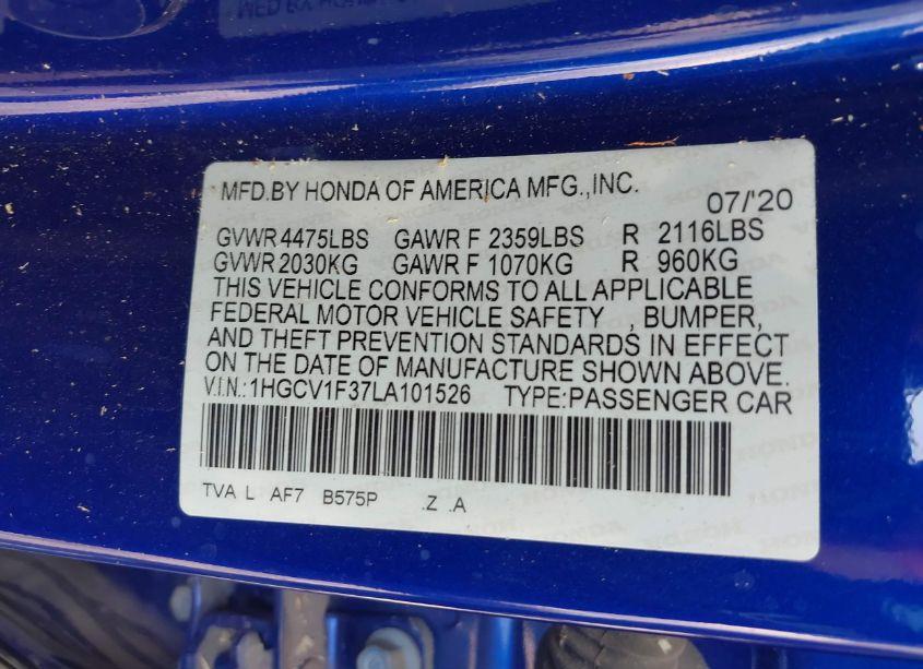 Photo 9 of 2020 Honda Accord SPORT (VIN 1HGCV1F37LA101526)