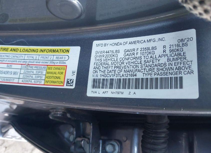 Photo 9 of 2020 Honda Accord SPORT (VIN 1HGCV1F37LA121694)