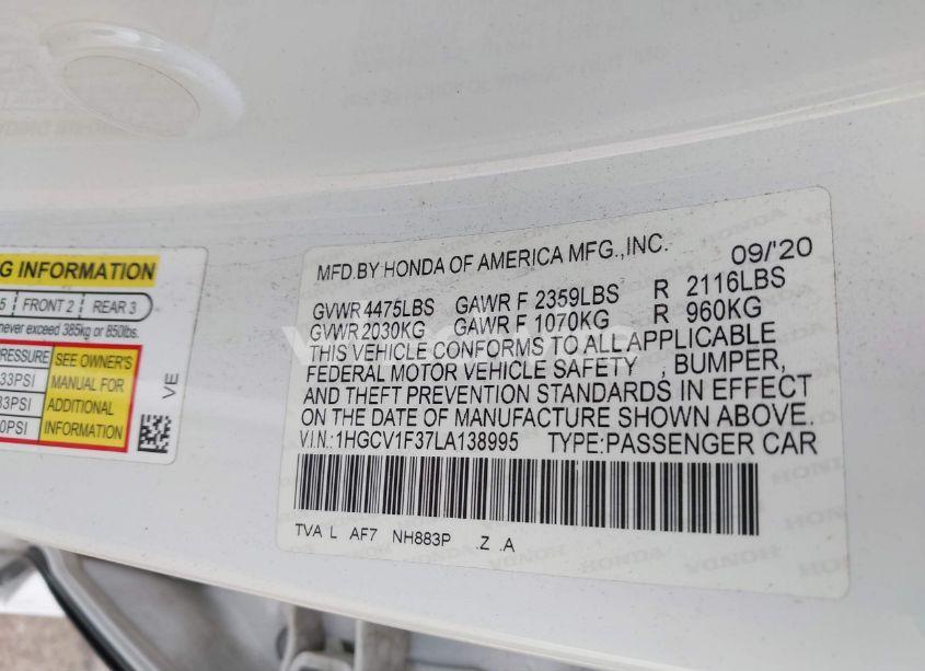 Photo 9 of 2020 Honda Accord SPORT (VIN 1HGCV1F37LA138995)