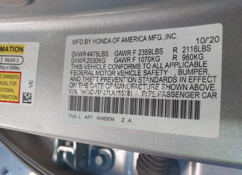 Photo 9 of 2020 Honda Accord SPORT (VIN 1HGCV1F37LA155781)