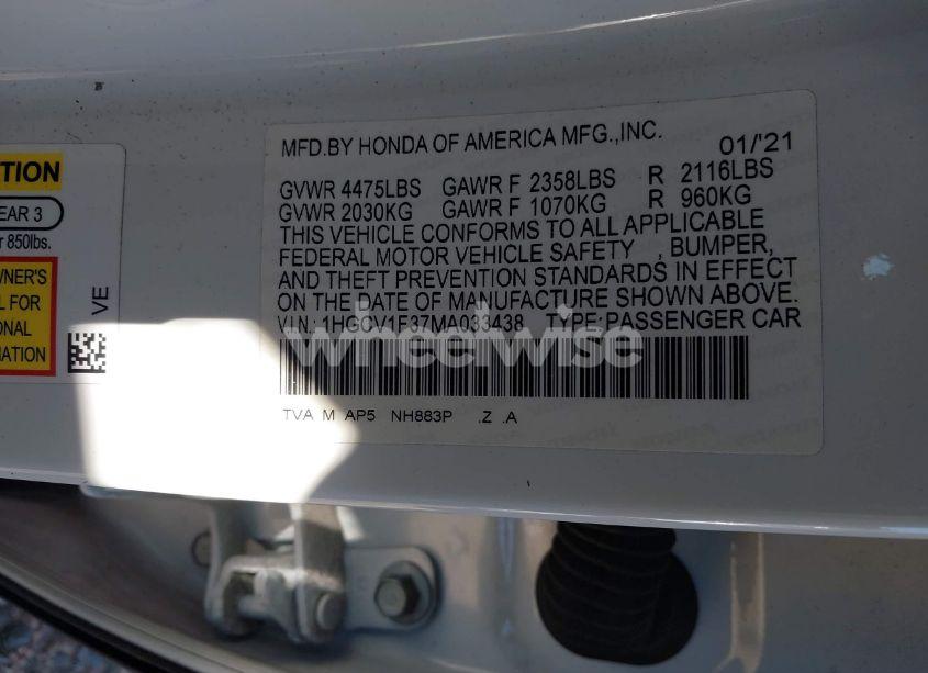 Photo 9 of 2021 Honda Accord SPORT (VIN 1HGCV1F37MA033438)
